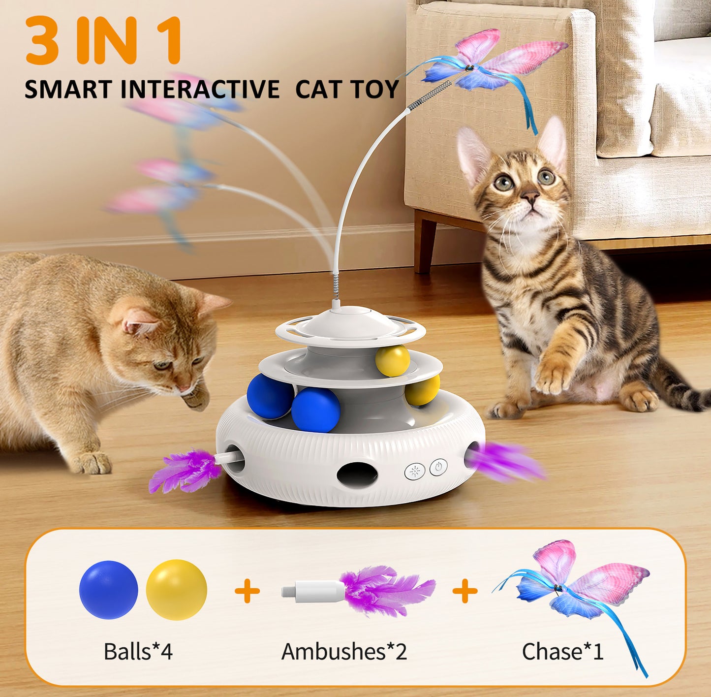 Jouet pour chat intelligent rotatif papillon 3 en 1